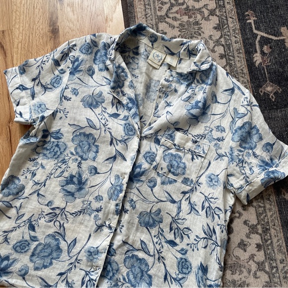 Rachel Ashwell Floral Blue White Linen Short Sleeve Button Down Small - Picture 5 of 5